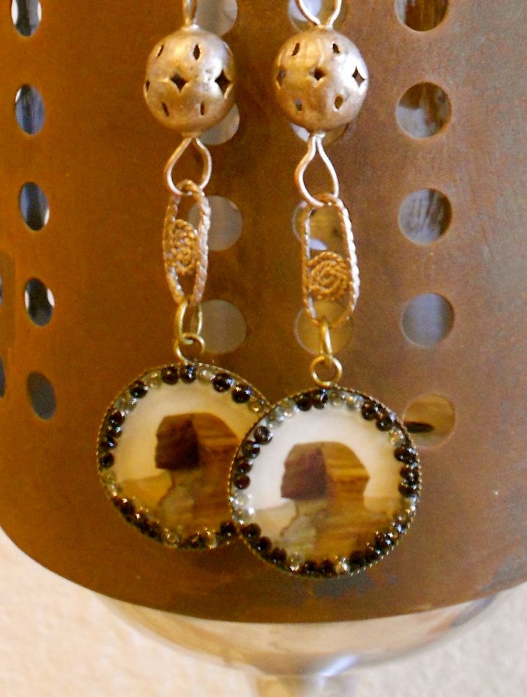 Sphinx Photo Earrings, Egyptian,Vintage Silver Beads,Dangle long