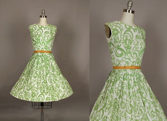 vintage 1950s dress full skirt floral pleated designer evelyn bader lime green