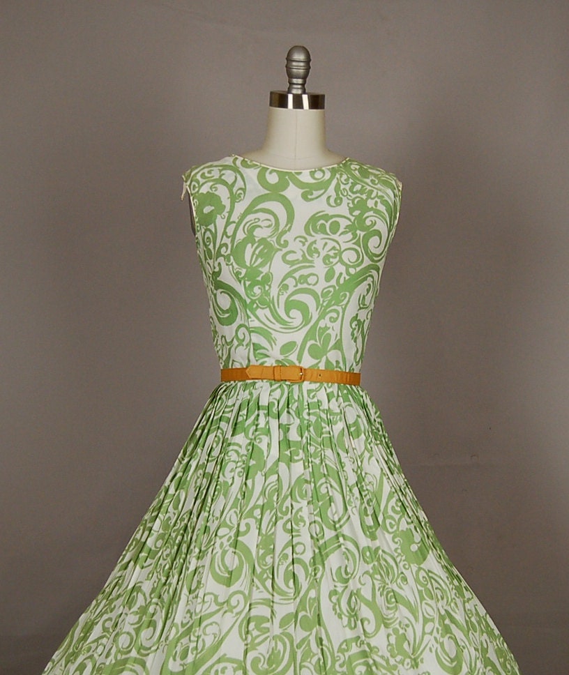 vintage 1950s dress full skirt floral pleated designer evelyn bader lime green