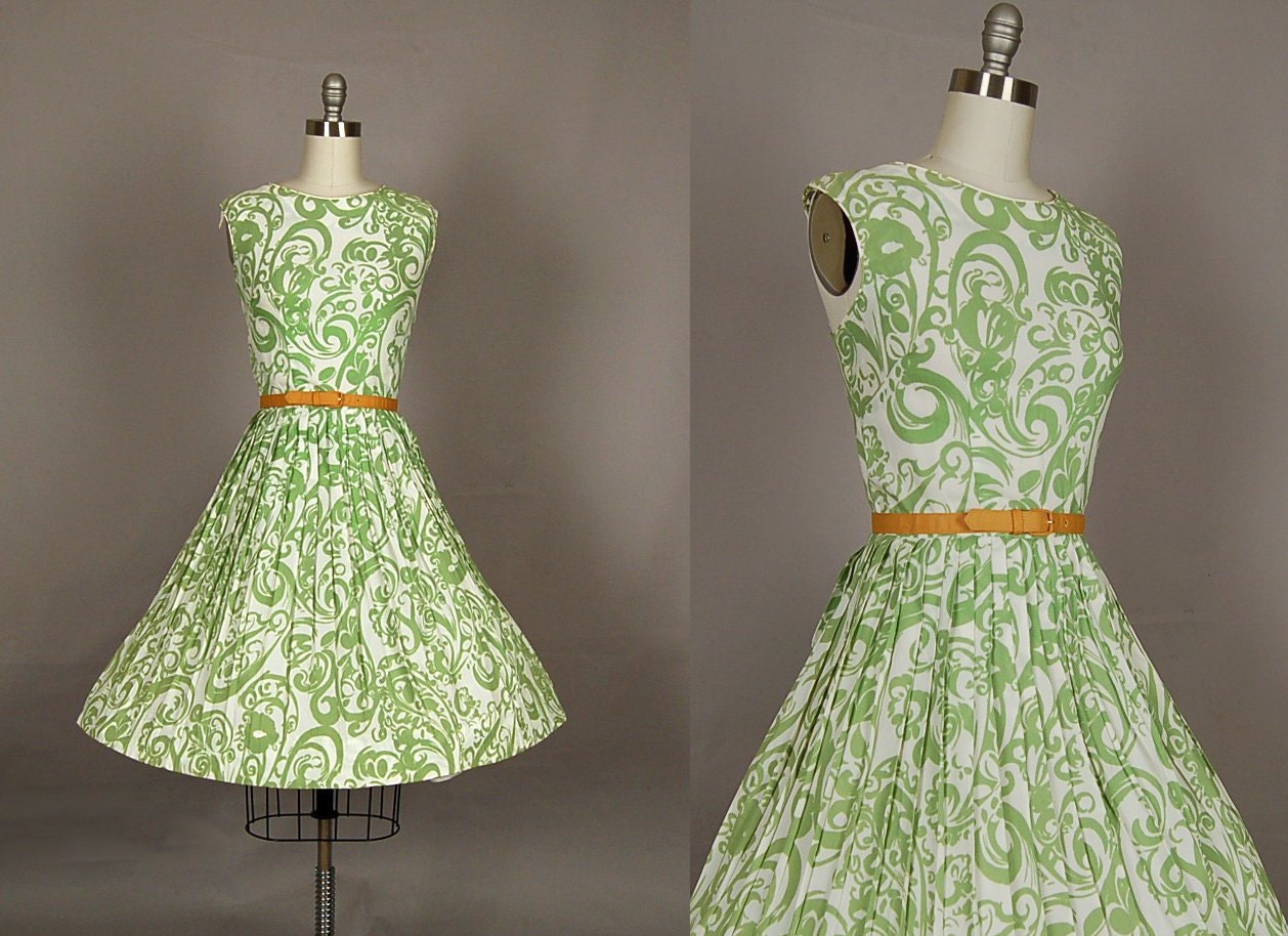 vintage 1950s dress full skirt floral pleated designer evelyn bader lime green