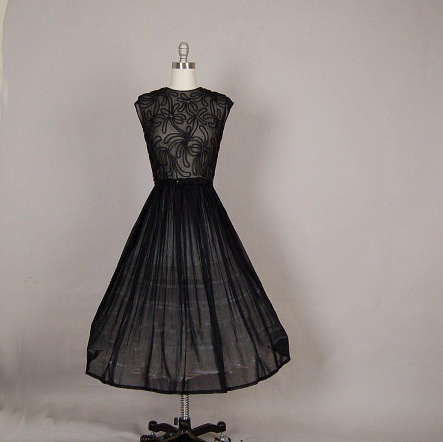 vintage 1950s dress 50s dress full skirt sheer black floral embroidered