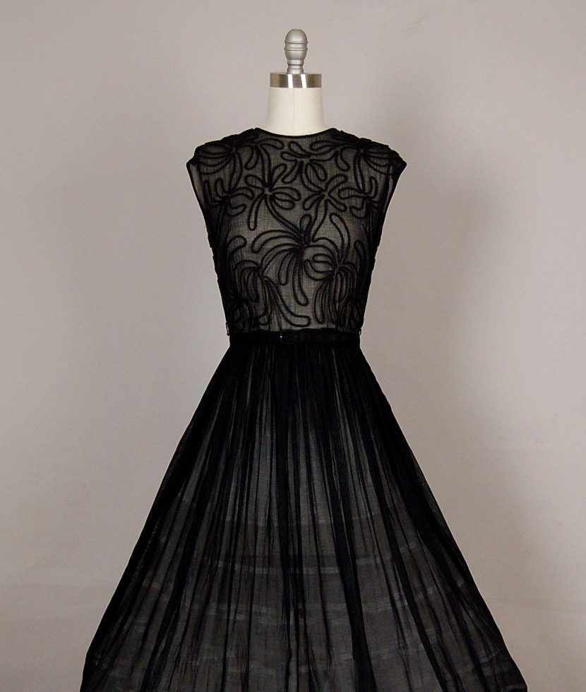 vintage 1950s dress 50s dress full skirt sheer black floral embroidered
