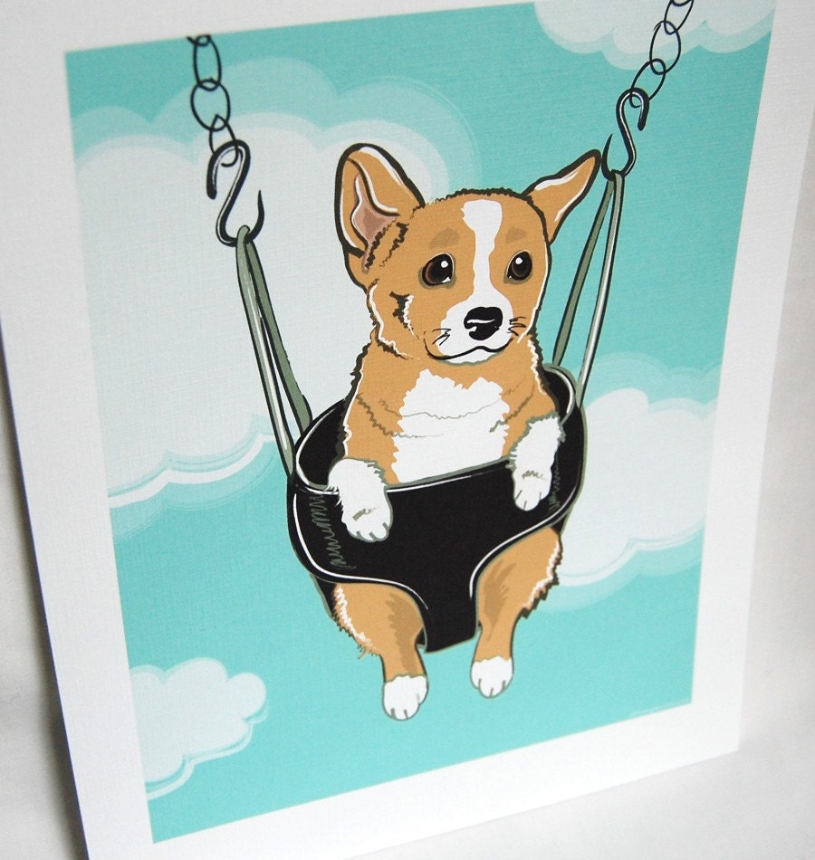Swinging Corgi - Eco-friendly 7x9 Print