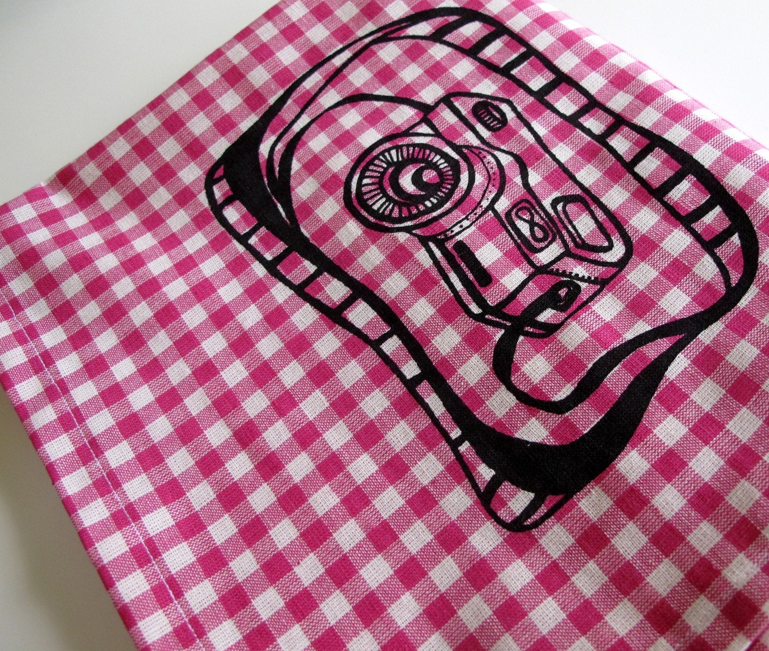 Cotton Kitchen Tea Towel - Magenta Gingham with Black Camera