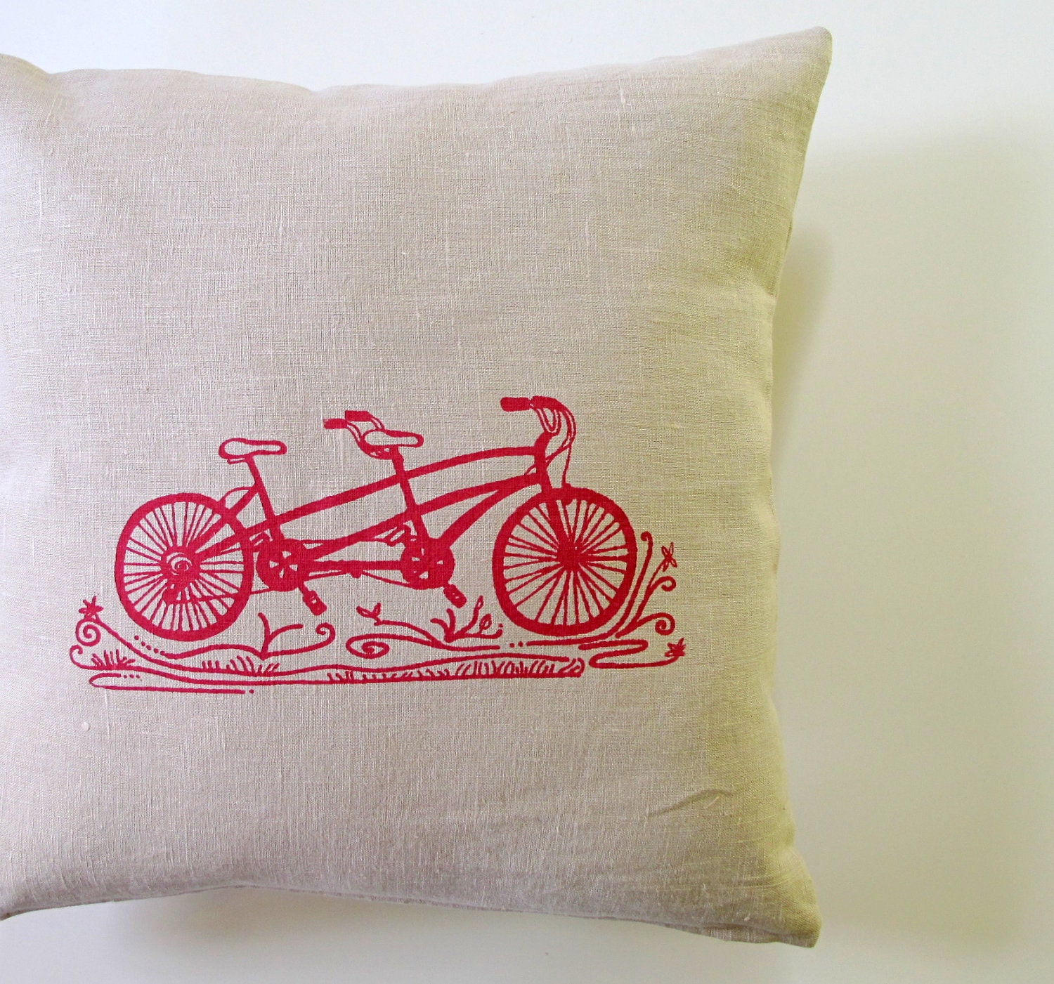 Pillow Cover Cushion Cover Tandem Bike in Pink on Unbleached Linen 16 x 16 inches