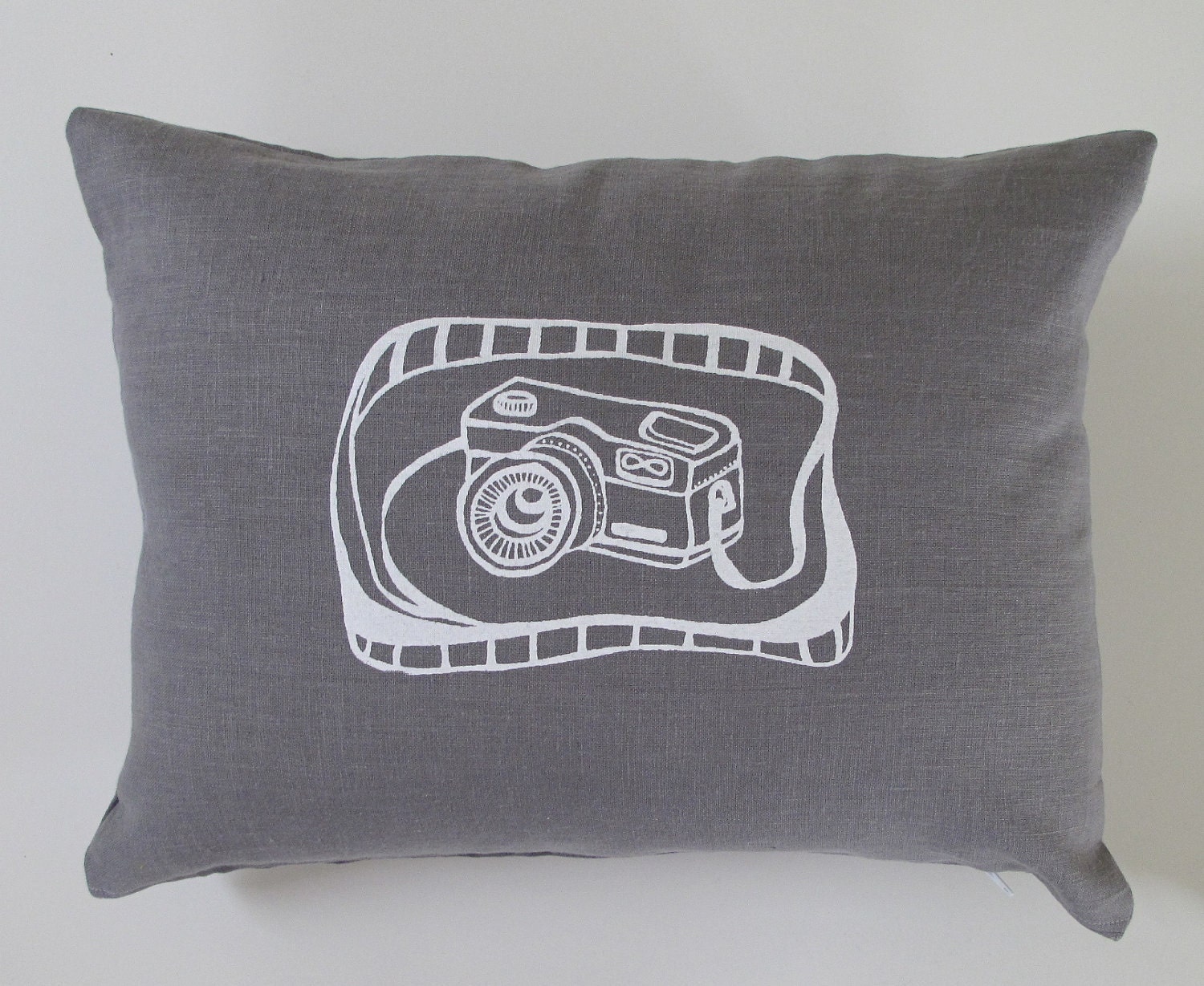 Pillow Cover - Cushion Cover -Camera in White on Gray  Linen - 12 x 16 inches