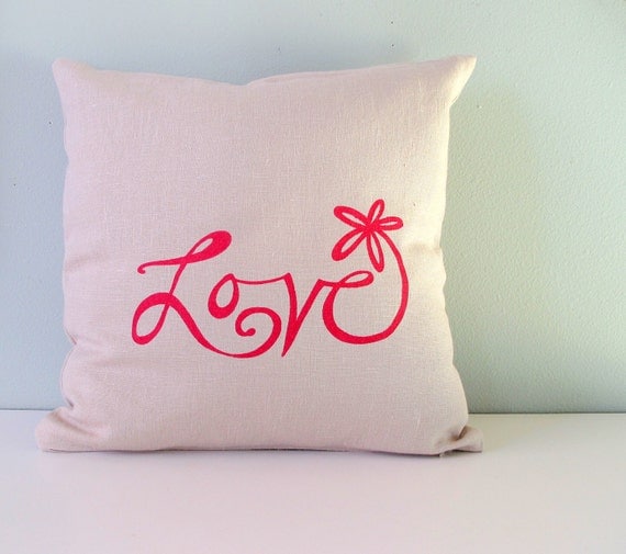 Pillow Cover - Cushion Cover- Love Flower in Magenta Pink on Natural Beige Linen - 16 x 16 inches
