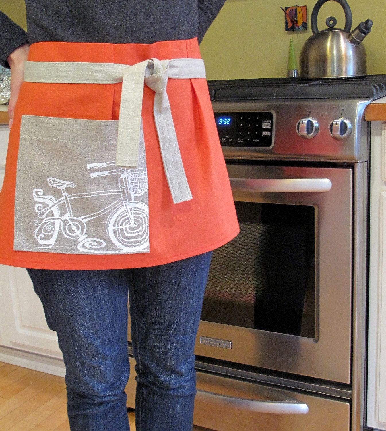 Whimsical Orange Apron with Bicycle Screenprint