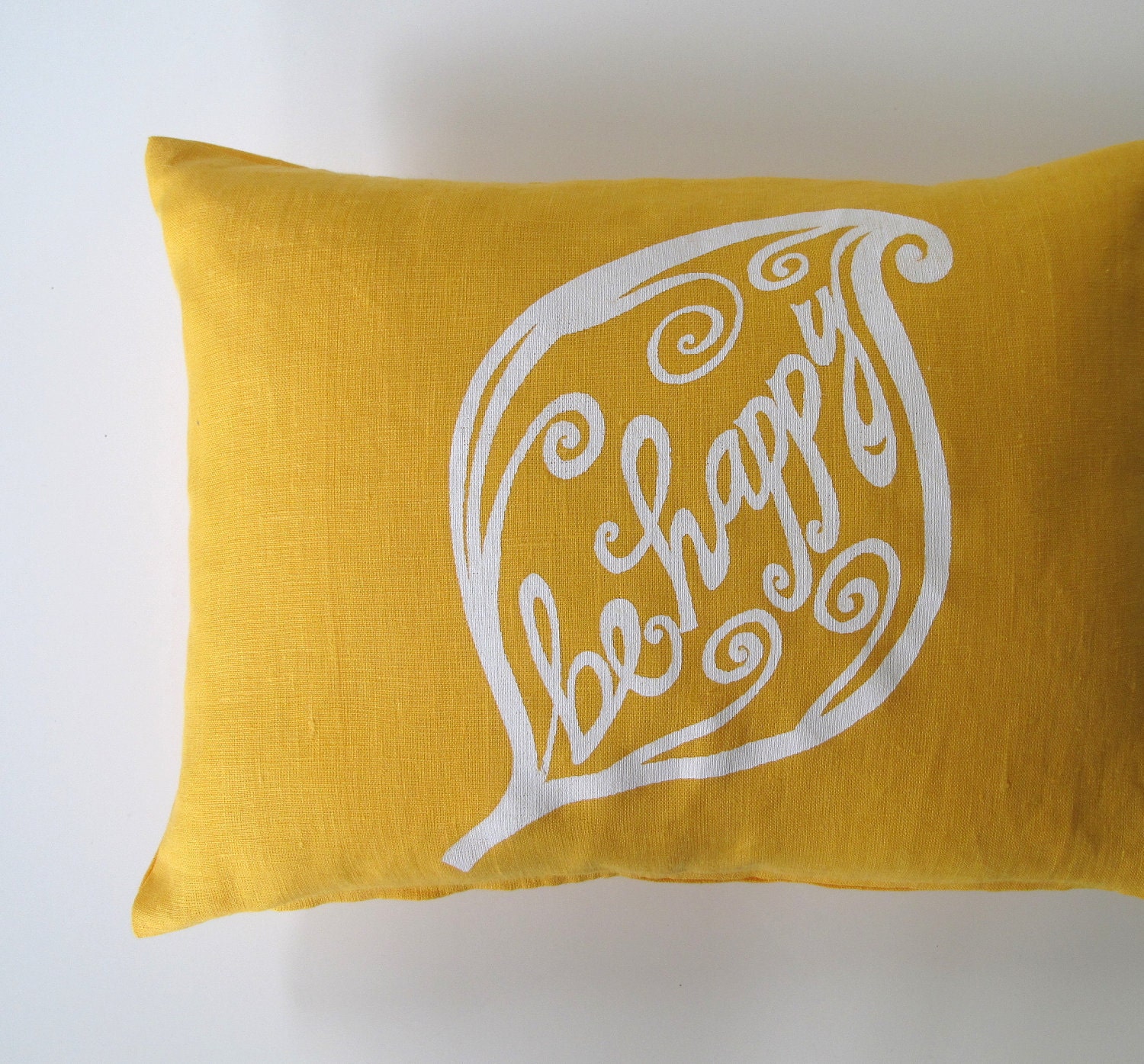 Pillow Cover Cushion Cover Be Happy on Mustard Yellow Linen 12 x 16"
