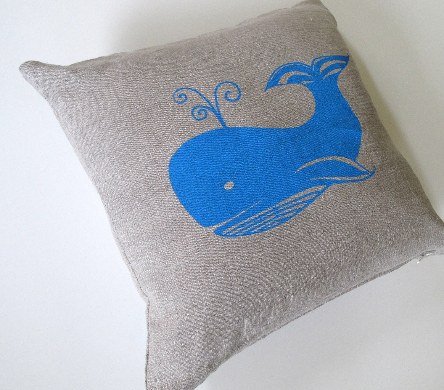 Pillow Cover - Cushion Cover- Peacock Blue Whale on Natural Linen - 12 x 12 inches