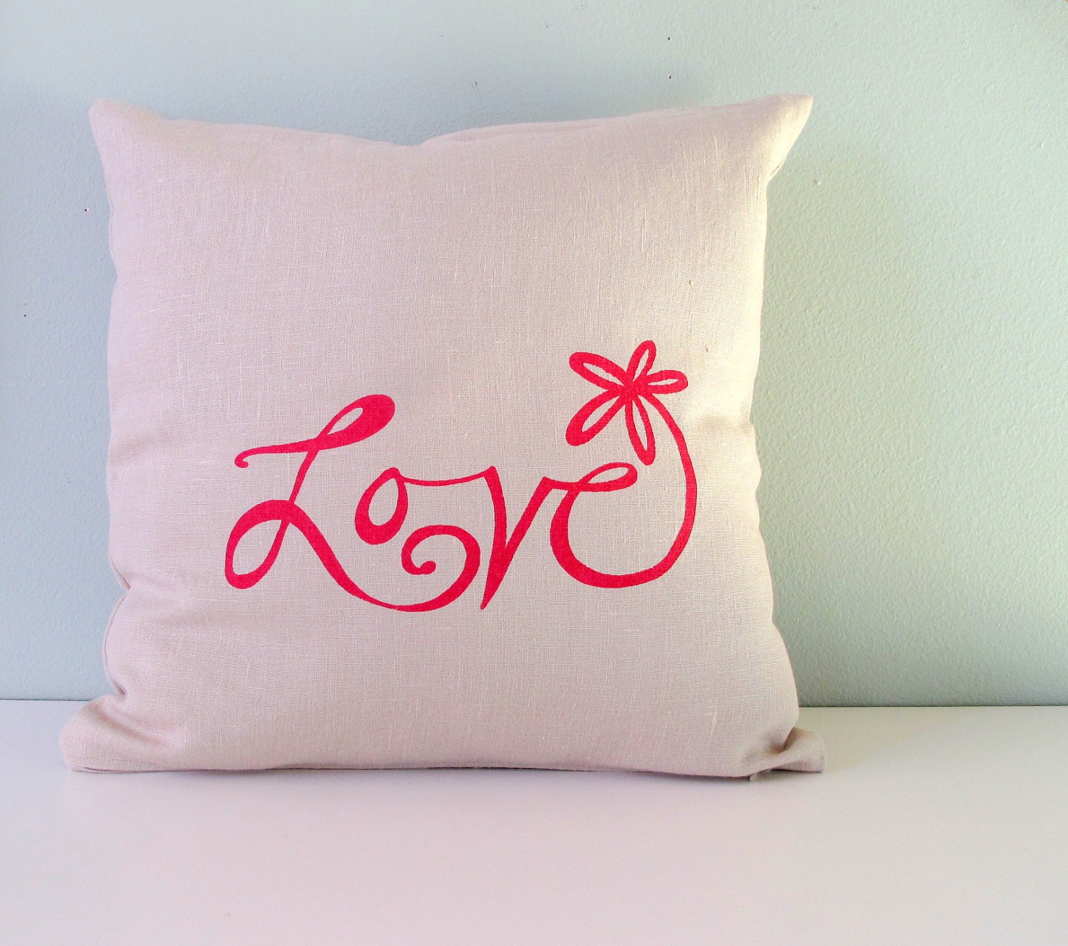 Pillow Cover - Cushion Cover- Love Flower in Magenta Pink on Natural Beige Linen - 16 x 16 inches