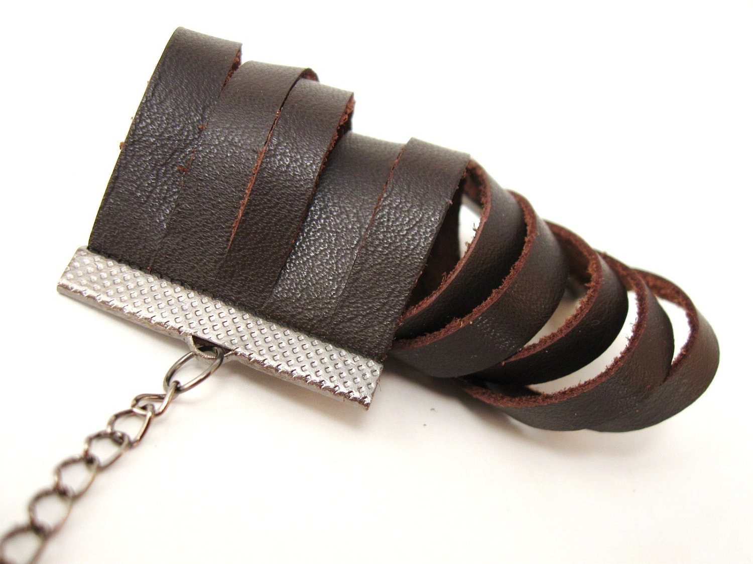 Coffee Brown Leather Fashion Cuff Bracelet - with adjustable gunmetal chain - Eco friendly repurposed leather
