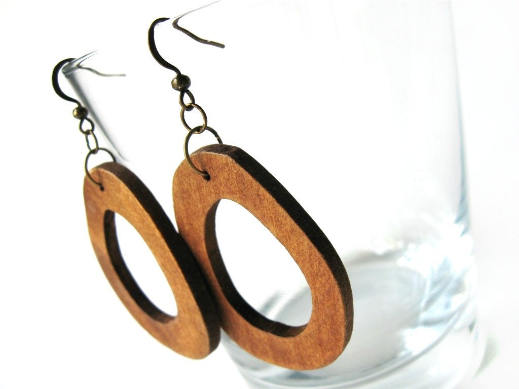 Wood dangle earrings Brown irregular oval