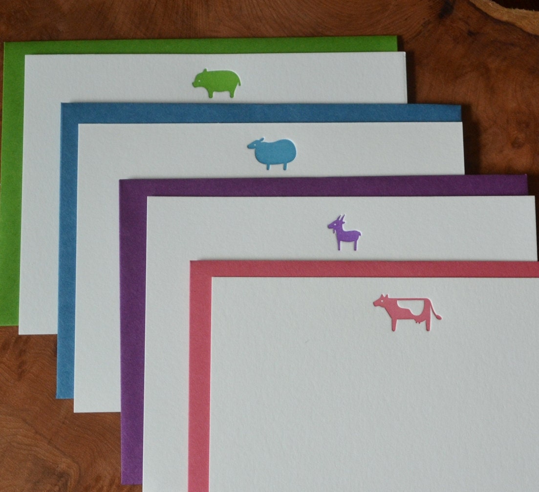Farmyard animals - 12 letterpress flat cards - cow sheep pig goat - on sale 25% off
