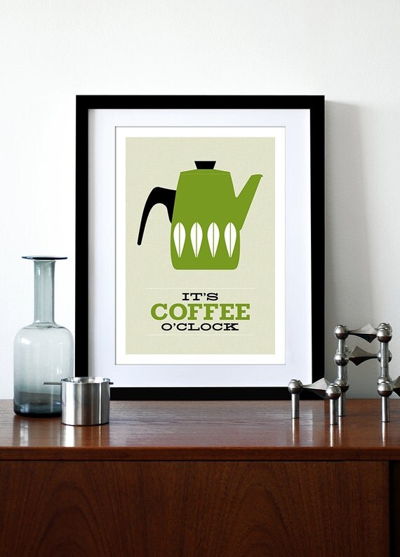 Cathrineholm poster print Mid Century Modern home kitchen art coffee poster tea - It's Coffee O'clock Olive A3