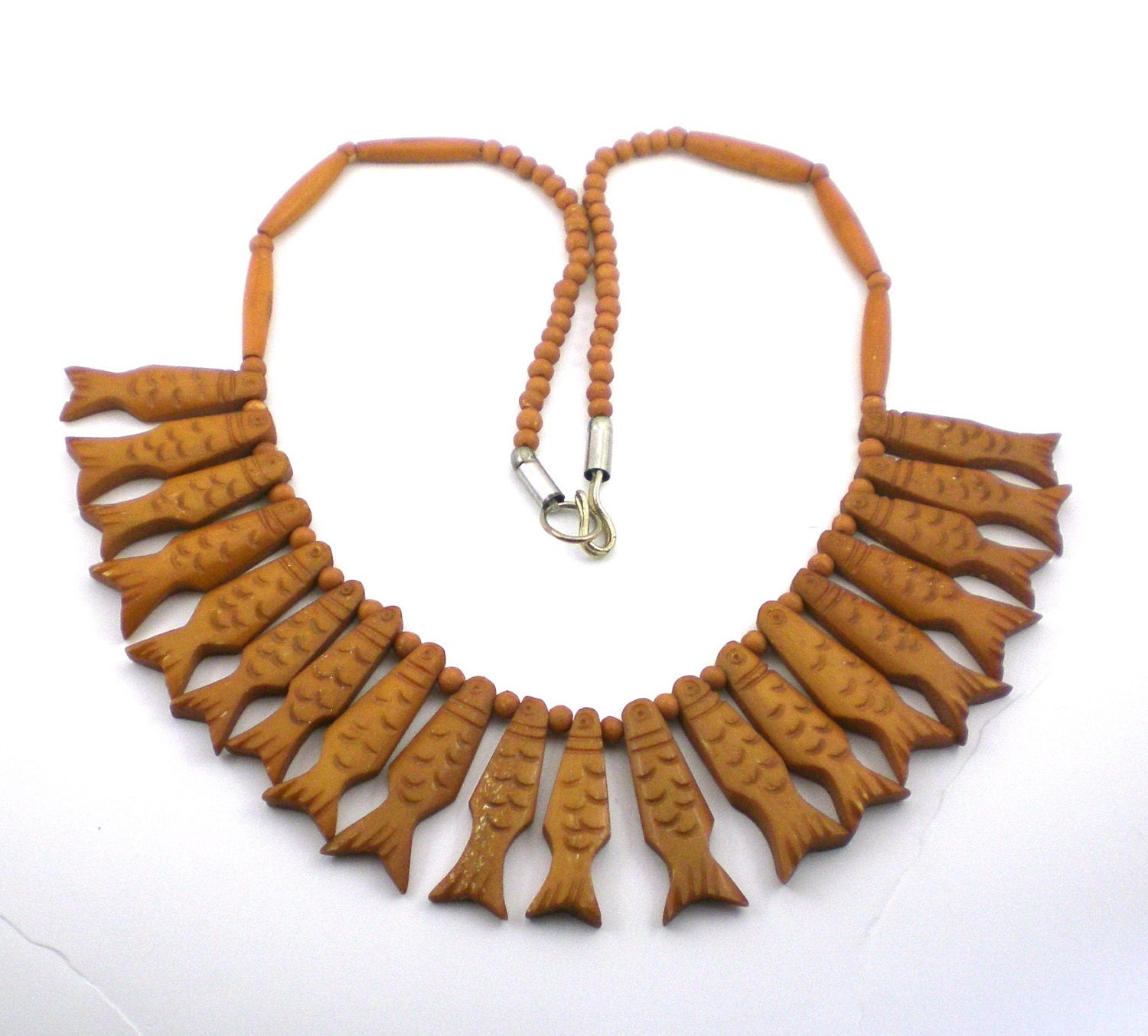 Carved  Bone  Statement Necklace Fish Bib Necklace Nautical Ethnic Tribal  Necklace