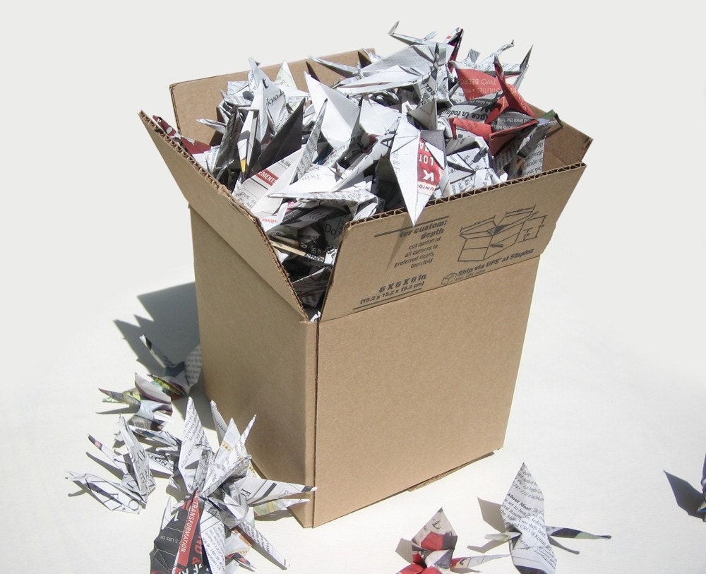 Box of Birds (BOB) Paper Cranes from Newspaper