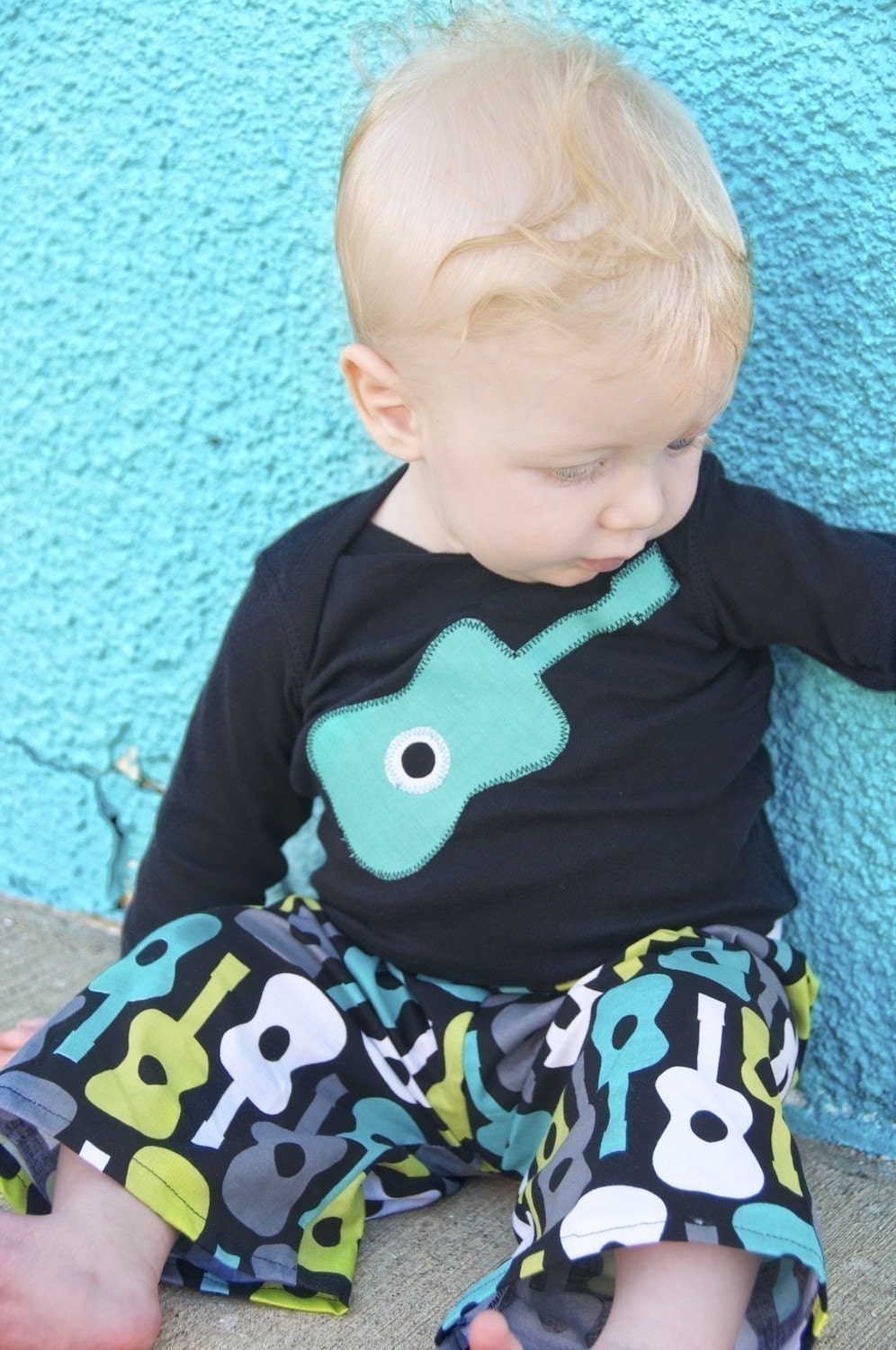 Boys Outfit - Rock N Roll Guitar Set - Shirt and Pant Set - Black Blue Teal Green - Boys Pant outfit - Toddler - Baby - Boy