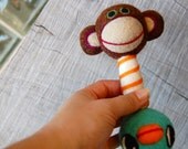 Vintage Inspired Blue Bird and Monkey Baby Rattle WOOLY Toy Made to Order