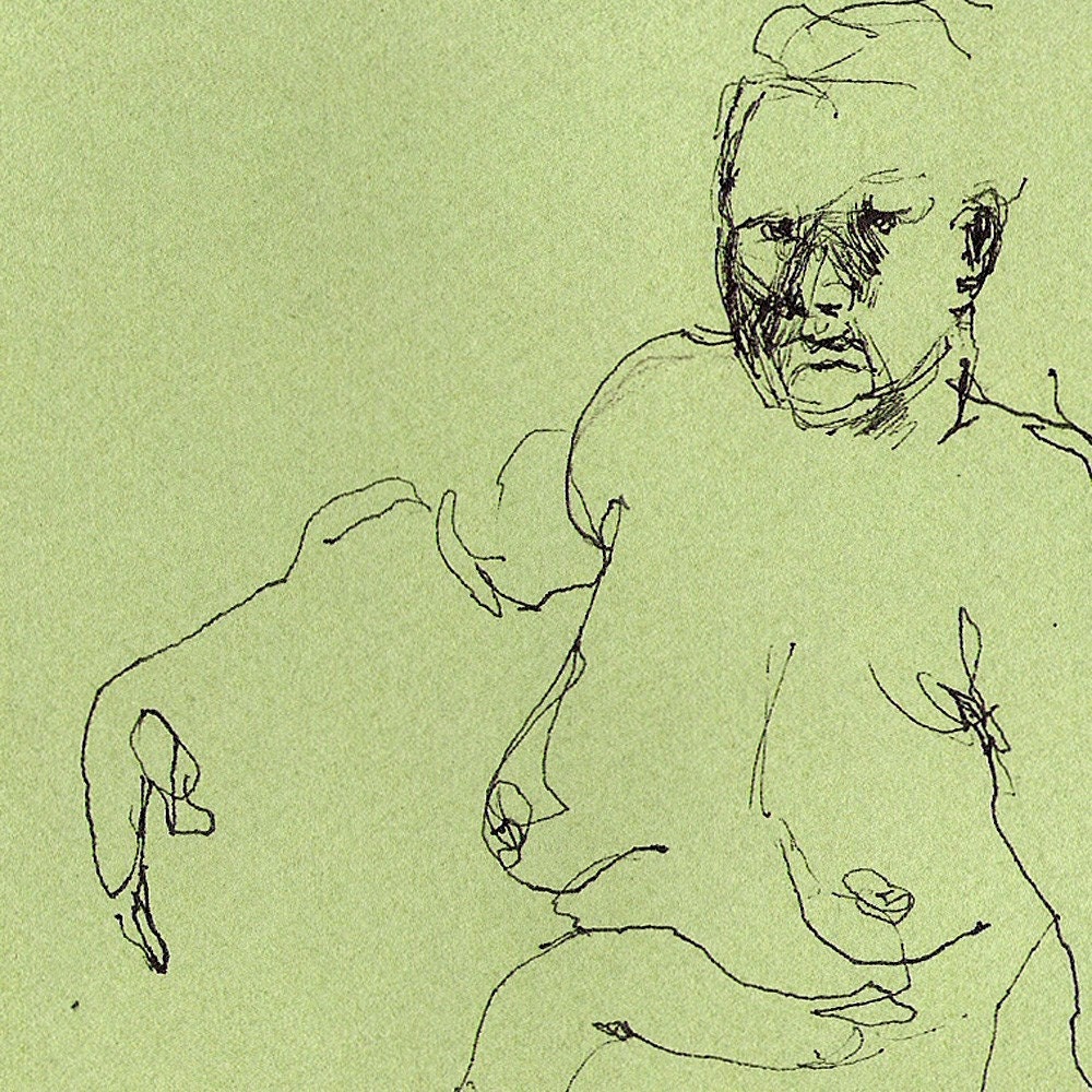 Female Nude Figure drawing on Green paper in pen and ink