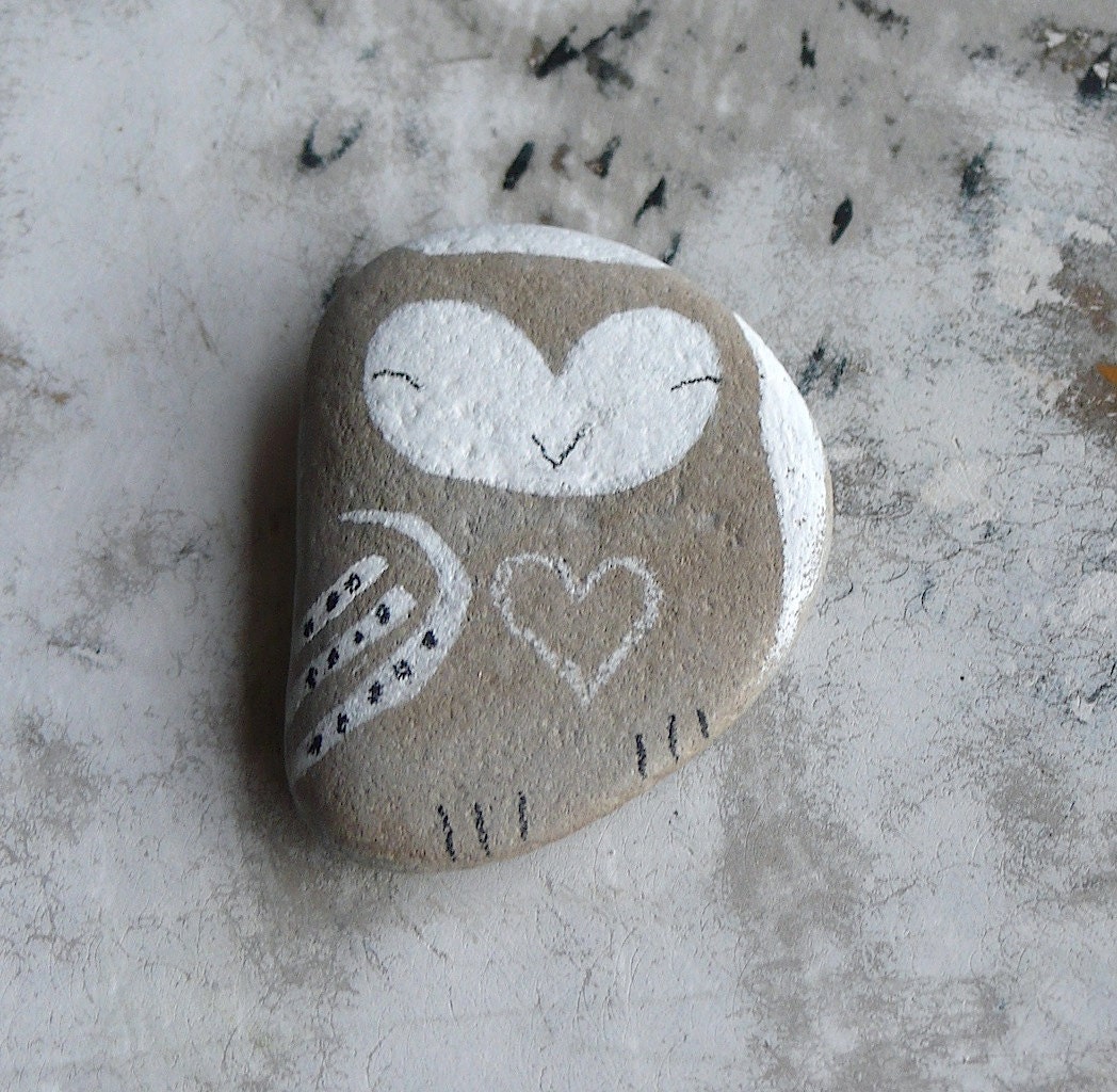 Flat Beach Stone Owl with a Heart