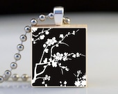 FREE CHAIN - Scrabble Tile Pendant - Sakura (Black and White)