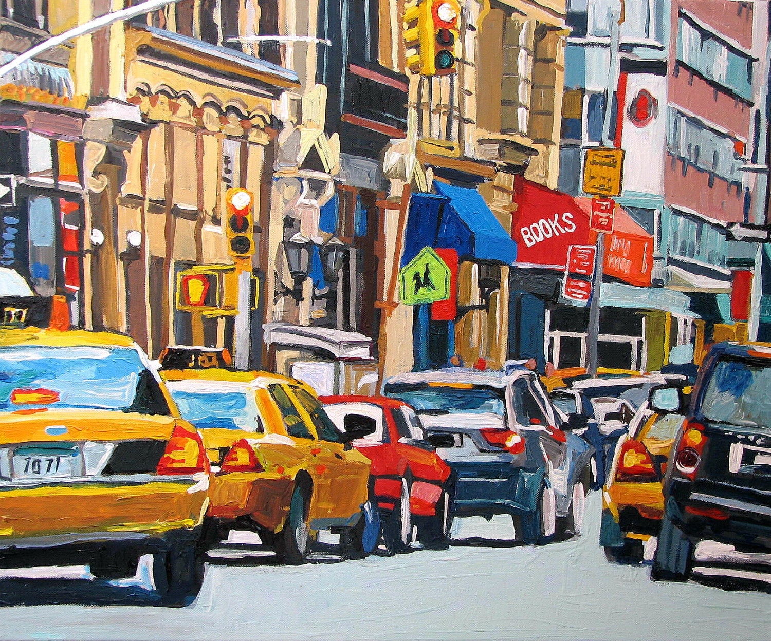 City Urban Fine Art Print  8x10, "Flow of Traffic", taxis New York City Painting yellow tan blue red Cityscape by Gwen Meyerson