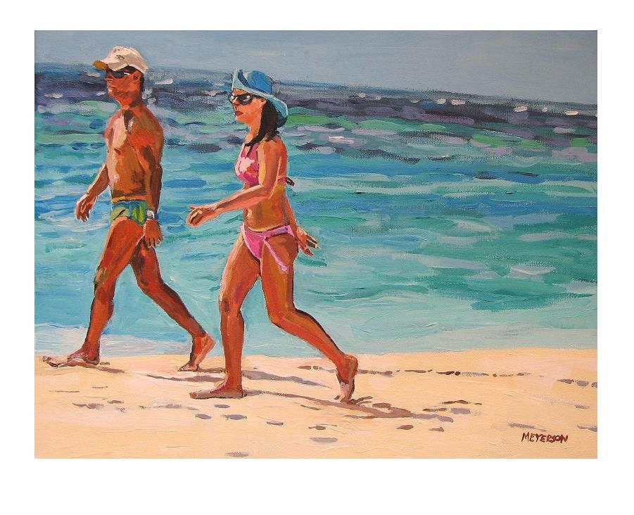 Fine Art Print 8x10, Couple Walking the Beach, orange tangerine blue turquoise Painting by Gwen Meyerson - GwenMeyerson