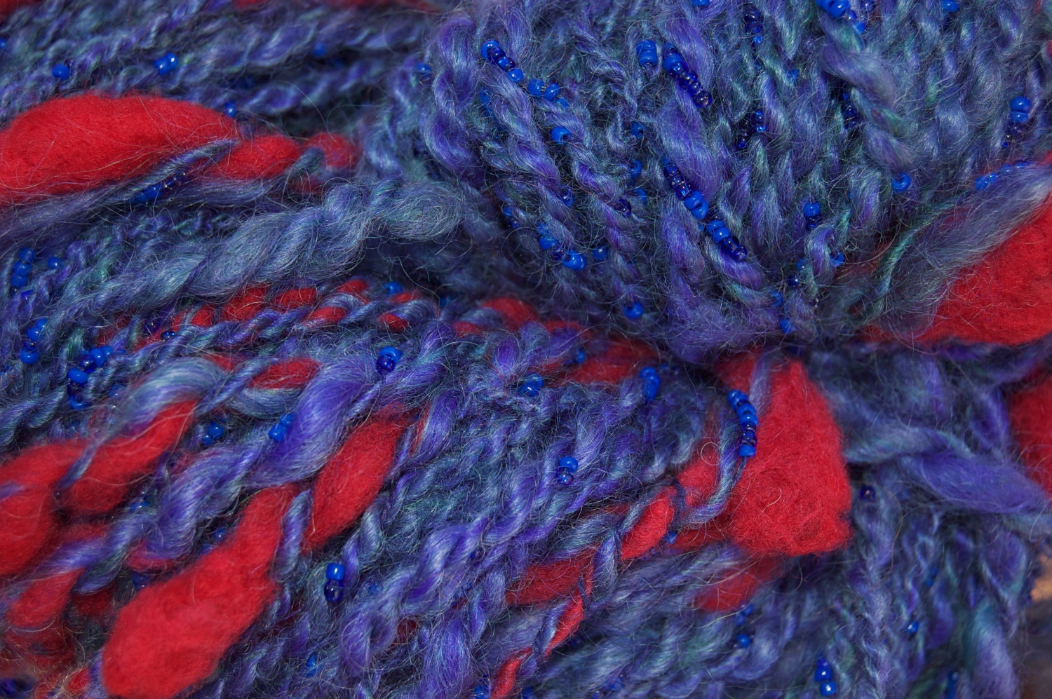 Art Yarn - Handspun Beaded Art Yarn - Blue Green and Orange - Koi Pond