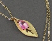 Pink CZ Cubic Zirconia On Gold Leaf Your choice of Sterling Silver or 14K Gold Filled Chain - Rose Invasion - Handmade Winter Fashion