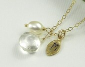 Personalized Jewelry Gemstone Initial Leaf  Pearl Charm Necklace - Tokens Of Love - Handmade Wedding Jewelry Bride Bridal