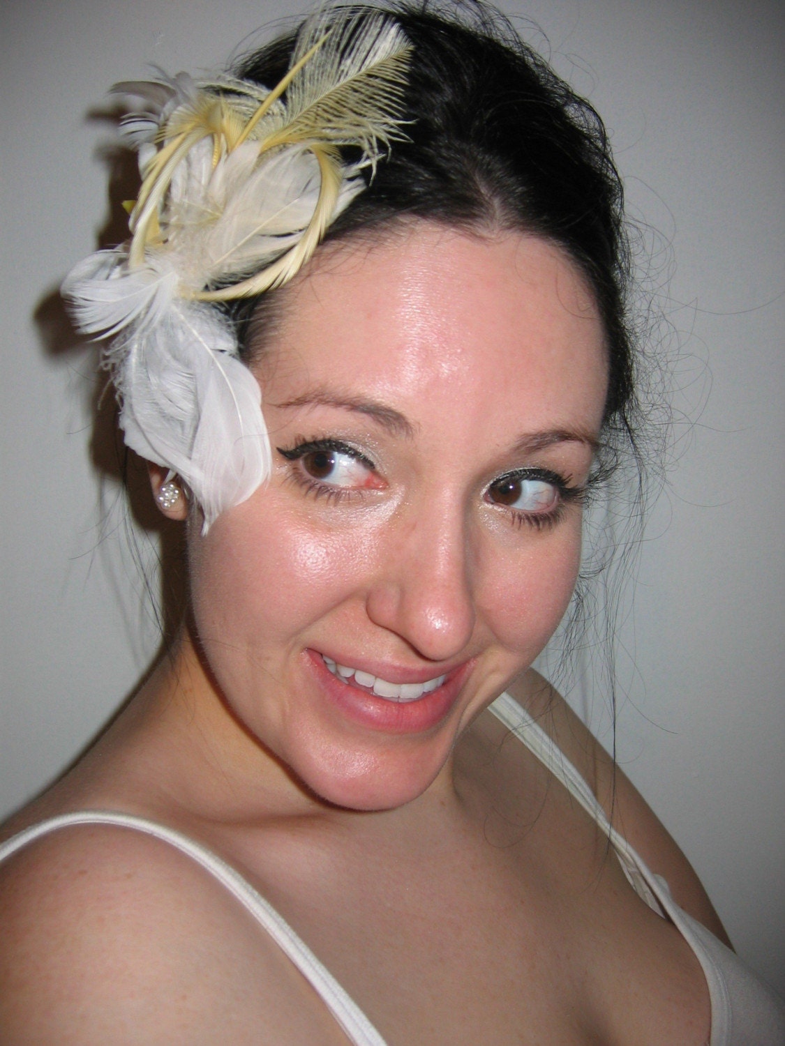 Bee Vintage Honey's cream ivory beige tan champagne white flower orchid fascinator wedding bridal rockabilly hair clip, cocktail party, burlesque dancer prom easter derby races feather