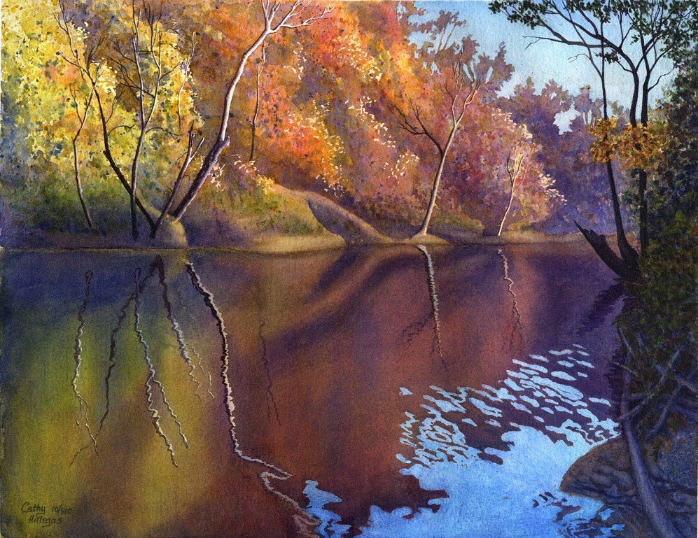 Autumn On Blue River, watercolor landscape print of original painting by Cathy Hillegas
