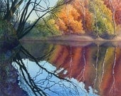 Autumn On Blue River II, landscape print of watercolor painting by Cathy Hillegas