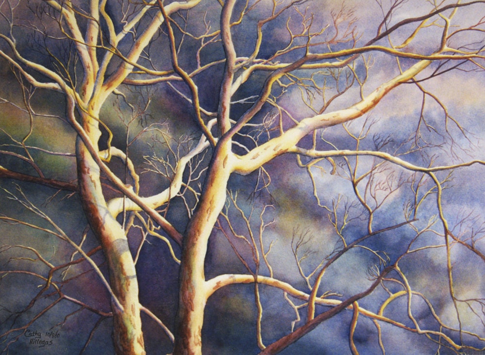 Sycamore tree watercolor painting print by Cathy Hillegas, 8x10, Before The Rain, cream, white, blue, purple, yellow, brown