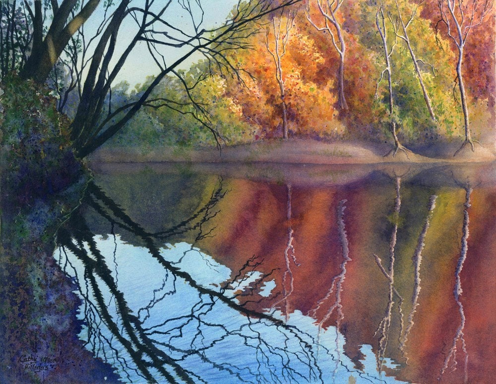 Autumn On Blue River II, landscape print of watercolor painting by Cathy Hillegas