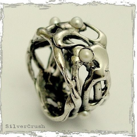 Wide sterling silver organic ring with fresh water pearl gemstones - Confusion .