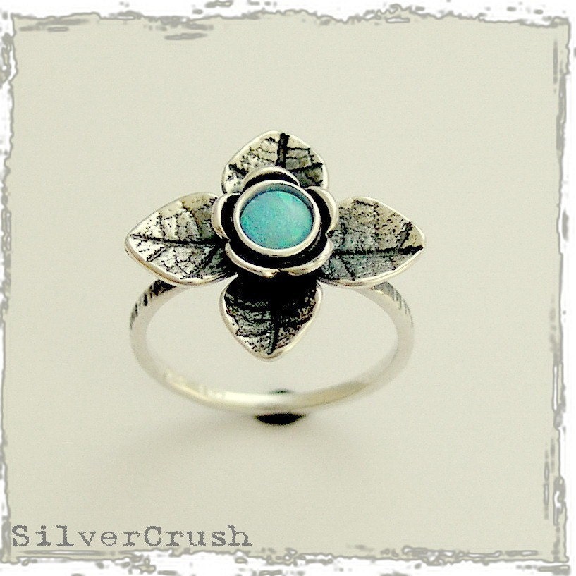 Sterling silver gemstone botanical leaf woodland ring with blue opal - Treasure hunt.