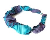 haute couture ruffle collar, spring fashion, pleated bib necklace, purple and teal sculptural design,  statement necklace,