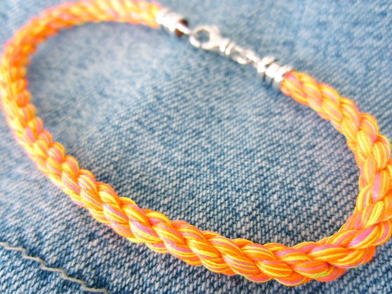 Hot Sun Neon Color-Blend Rope Bracelet with Sterling Silver Swivel Clasp and Ends
