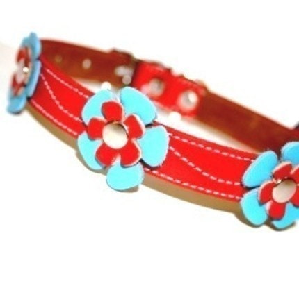 XL Cool Leather Dog Collar - Flowers in Red