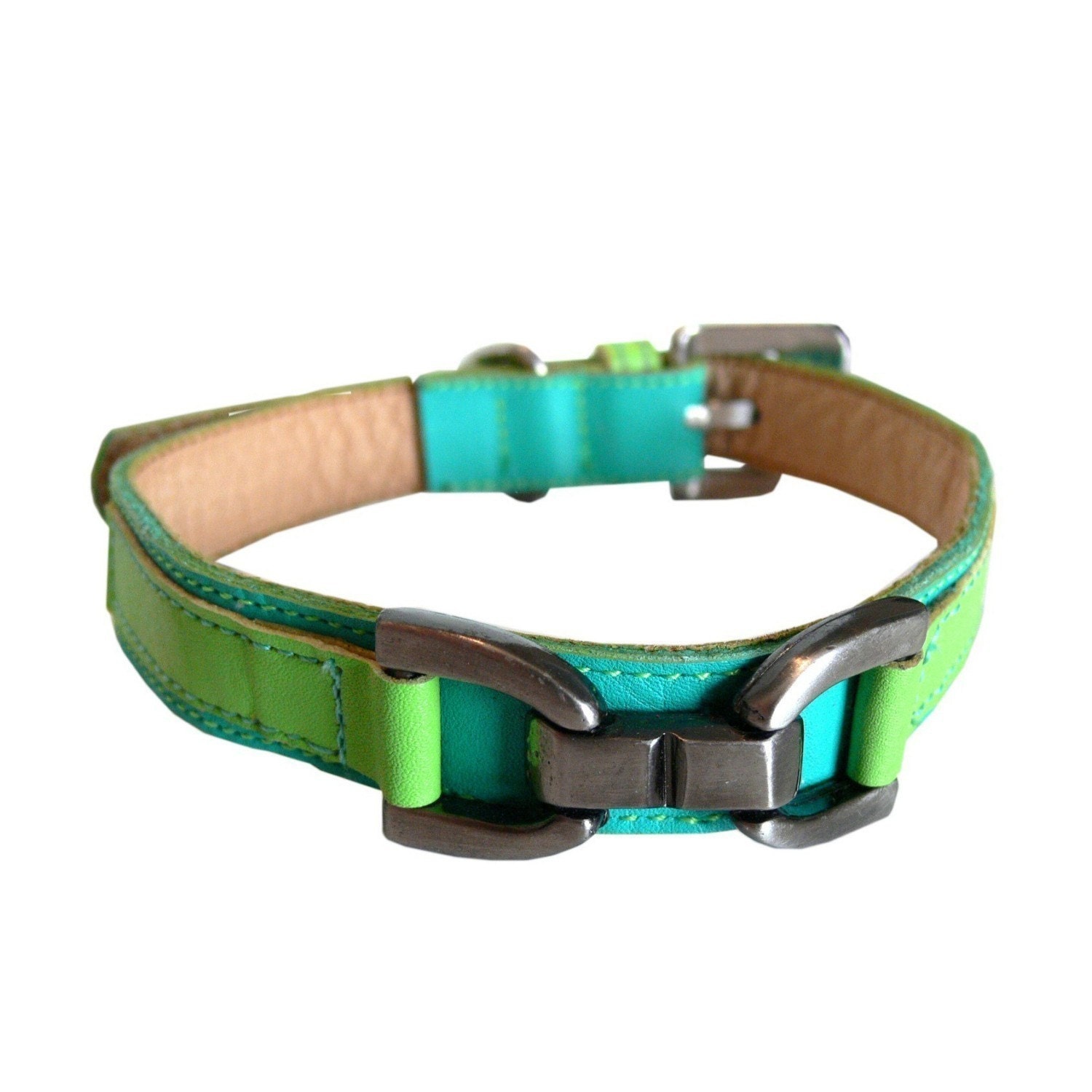 Bello - Cool Leather Dog Collar Turquoise with Lime
