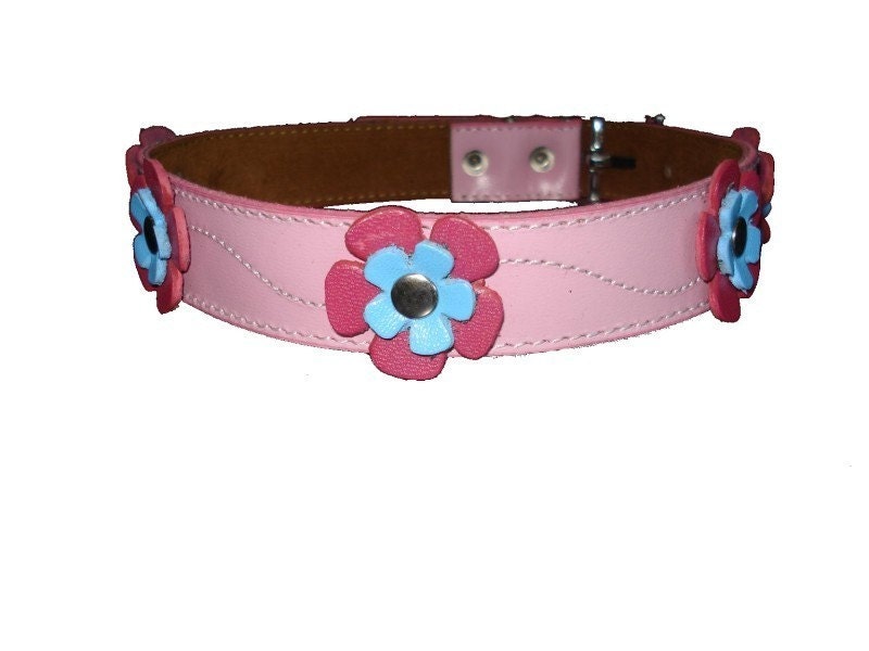 Flowers Pink Leather Dog Collar