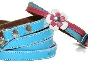 Swirls Leather Dog Collar and Leash Set - Pink n' Blue