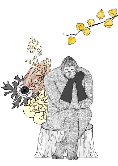 Bigfoot, flowers and gloves, 5x7 print