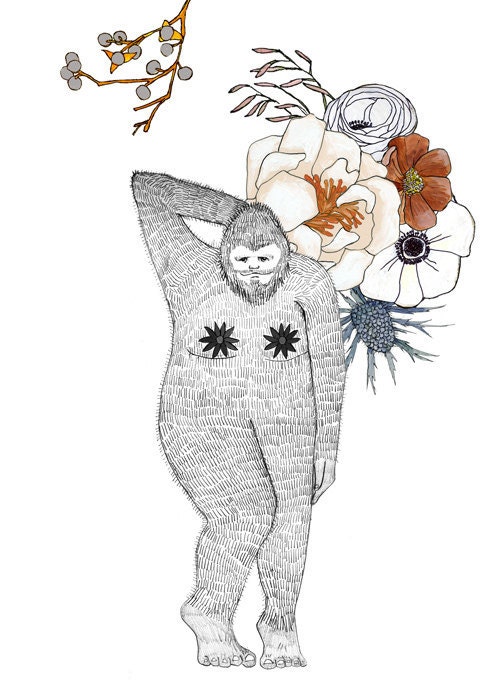Bigfoot, flowers and pasties, 5x7 print