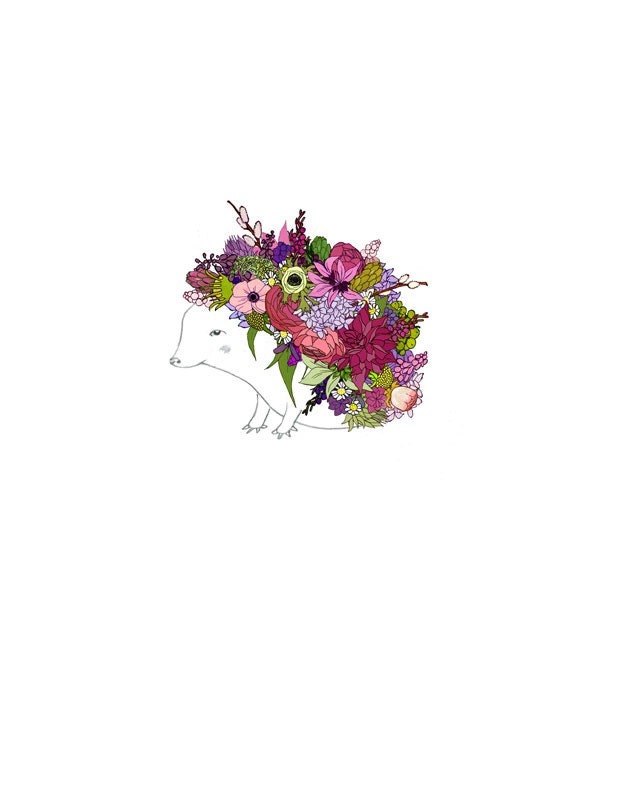 Pink Hedgehog, Flowers. limited edition 8x10 print.