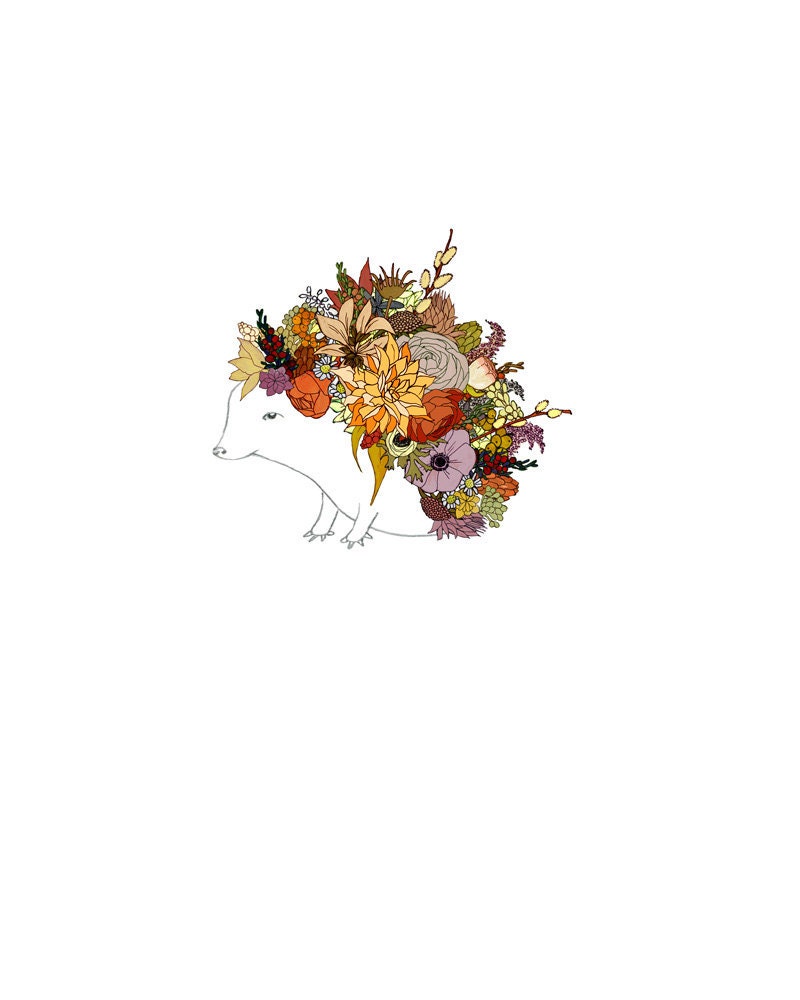 Fall Hedgehog, flowers. 8x10 print