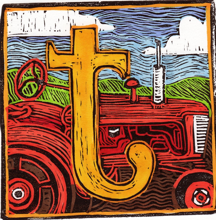 T is for Tractor Block signed and matted block print