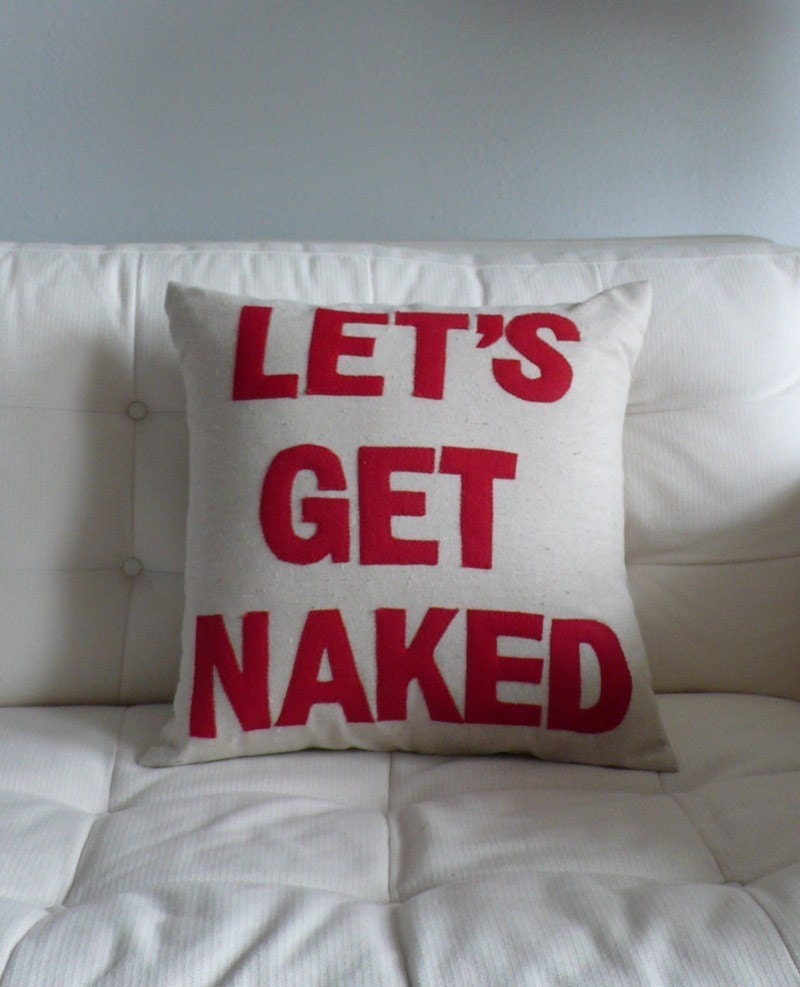 Let's Get Naked -- playful 16in (41cm) sq appliqued pillow / cushion